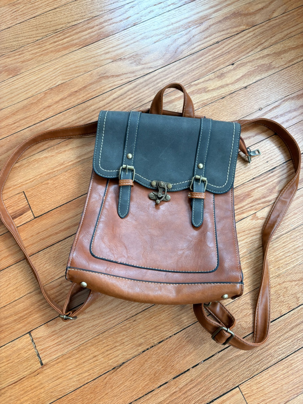 Two-Tone Brown & Black Faux Leather Crossbody Backpack